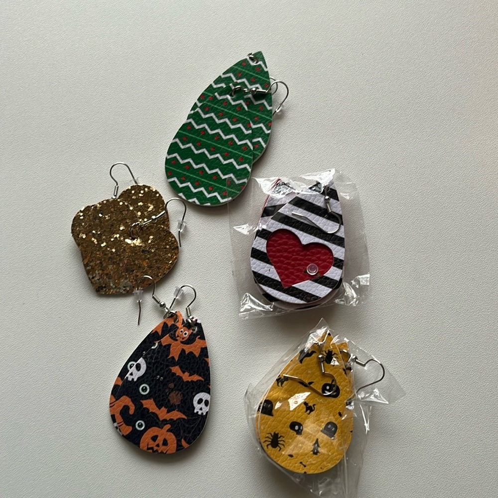 Bundle of 5 holiday faux leather earrings NWOT
